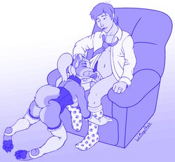 1boy 1girls anthro ass belly breasts canine chair clothing corset ezra0101 fellatio female fur furry gloves human interspecies leggings lord_magicpants male mammal monochrome necktie oral oral_sex pawprint paws penis recliner ring shirt sketch socks