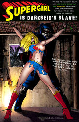 2009 2011 blonde_hair blue_skirt bondage boots captured comic_cover darkseid dc depowered dofantasy drvillain gag helpless high_heels kryptonite leaning nipples photoshop skirt slave standing supergirl templeton the_new_gods torn_clothes whip