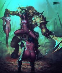 2013 angry armor arrow ass big_butt black_hair blood boots bovine bow_(weapon) breasts brown_fur chains clothed clothing decapitation defeated detailed detailed_background dirty domination elf empty_eyes evil facial_piercing female fight fog fur gore hair half-dressed high_resolution holding hooves horn horn_ring humiliation in_air looking_at_viewer male night_elf nipples nose_piercing nose_ring open_mouth piercing pointy_ears purple_skin ranged_weapon sad saliva scar sinn4u size_difference spikes spoils_of_war spread_legs spreading standing sword tauren teeth topless video_games warcraft weapon world_of_warcraft wounded