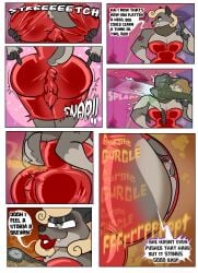 absurd_res anthro ass big_butt big_female bodily_fluids canid canine canis comic dialogue dominant dominant_female dutch_oven english_text facesitting fart farting_on_male female fish flattened group heart_tattoo hi_res lipstick makeup male male/female mammal marine mrs._mergo shark sharp_teeth sitting_on_another speech_bubble squiddy62 submissive submissive_female submissive_male sweat tall_female tattoo teeth text thunder_thresh_(squiddy62) trans_(lore) trans_woman_(lore) trio undead wanda_wolf_(squiddy62) wolf yelling zombie