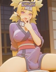 1futa 2025 ai_generated artist_name blonde_hair blush bulge cock dick erection fishnets forehead_protector futanari headband hi_res high_quality high_resolution highres japanese_clothes kimono legs_apart legs_spread naruto_(series) novalust obi open_legs patreon patreon_username penis sash short_twintails solo splayed_legs spread_legs stable_diffusion temari twintails watermark