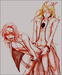 2boys anal arrancar bent_over bleach blonde_hair blush brothers closed_eyes cum doggy_style ejaculation espada gay glasses incest long_hair masturbation multiple_boys penis pink_hair sex siblings skull szayelaporro_granz trembling yaoi yylfordt_granz