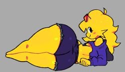 big_ass digital_art dressed fat_ass in_floor keri-san_(nokosprite) sexy_pose shorts smiling_at_viewer twitter_user_oc yellow_body yellow_hair