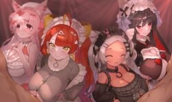 4boys 4girls ahoge animal_ears bare_shoulders black_dress black_hair breasts cat_ears cleavage closed_eyes dark-skinned_female dark_skin dot_nose dress gaou_torai group_sex hair_ornament hairclip head_ornament heart heart_hair_ornament highres huge_breasts indie_virtual_youtuber jewelry jigokumachi_rinse large_breasts long_hair manpuku_torte mikasayaki multiple_boys multiple_girls nekobuki_kemuri open_mouth paizuri pale_skin pink_hair red_eyes ring shortstack smile twintails white_hair yellow_eyes