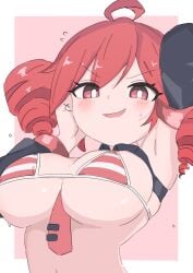 1girls 2d 2d_(artwork) ahoge armpits arms_up big_breasts bikini blush blush_lines breasts breasts_focus cropped_jacket curvaceous curvy curvy_female curvy_figure detached_collar detached_sleeves exposed_breasts female female_only hiiru_yamiama huge_breasts kasane_teto large_breasts micro_bikini necktie necktie_between_breasts open_mouth pink_background plump plump_breasts red_eyes red_hair shiny_skin simple_background skindentation slim_waist solo solo_female striped_bikini sweat sweatdrop sweating top_heavy twin_drills underboob upper_body upper_body_focus utau