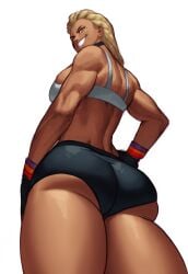 1girls 2022 absurd_res ass blonde_hair dark-skinned_female dark_skin female female_only grin grinning_at_viewer looking_at_viewer looking_back looking_back_at_viewer malice_firesday muscular muscular_female rear_view smiling smiling_at_viewer solo sotcho sportswear thick_thighs underbutt viewed_from_below white_background yellow_eyes