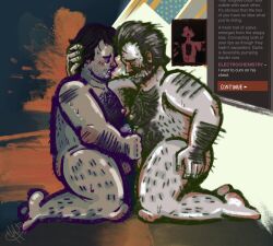 abstract_background balls blush body_hair boiledhotdog dialogue dialogue_box disco_elysium facial_hair frottage gay hairy hairy_male hand_behind_head hand_on_hip harrier_du_bois kneeling lawrence_garte male male_only masturbation older_male overweight overweight_male penis procreate_(software) spit_trail stubble sweat yaoi