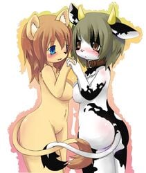 2girls animal_ear ass bb blush breasts female female_only furry furry_only horns ka_(pixiv341010) kagerofu large_breasts multiple_girls pussy smile tail