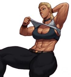 1girls 2022 abs big_breasts blonde_hair choker clothes_lift dark-skinned_female dark_skin female female_only hand_behind_head malice_firesday muscular muscular_female orange_eyes pants sitting solo sotcho sportswear tank_top thick_thighs very_high_resolution white_background wristband