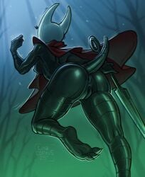 4_toes 5_fingers absurd_res action_pose anthro anus arthropod ass bent_arm bent_leg black_body bodily_fluids bottomless breasts cloak clothed clothing countershade_arms countershade_breasts countershade_butt countershade_face countershade_feet countershade_legs countershade_torso countershading digitigrade exoskeleton feet female fingers full-length_portrait genitals glistening glistening_body glistening_butt glistening_exoskeleton glistening_feet glistening_genitalia glistening_tail glistening_thigh glistening_vulva hi_res holding_object holding_weapon hollow_knight hollow_knight:_silksong hollow_knight_(franchise) horn hornet_(hollow_knight) leaning leaning_forward lina_corvus low-angle_view melee_weapon motion_lines nipples portrait pose rear_view red_cloak red_clothing side_boob solo sweat sword team_cherry toes vulva weapon