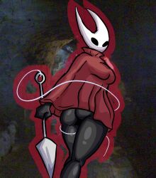 1girls ass black_eyes bottomless bottomless_female breasts chetoh female female_focus female_only hollow_knight hollow_knight:_silksong hornet_(hollow_knight) looking_at_viewer looking_back_at_viewer needle no_mouth photo_background rear_view red_robe robe thighs