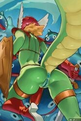 2:3 action_pose anais_(lightningwolt) anthro anthro_focus anus armor blonde_hair blue_anus blue_vulva boots bottomwear breasts clothing dragon_quest female female_focus feral footwear genitals goo_creature green_body green_scales group hair headgear helmet hi_res high_heeled_boots high_heels holding_melee_weapon holding_object holding_shield holding_sword holding_weapon lightningwolt lizard loincloth long_tail melee_weapon pose rear_view reptile scales scalie shield shoes slim_anthro slim_female slime_(dragon_quest) solo_focus square_enix sword tail unconvincing_armor vulva weapon winged_helmet