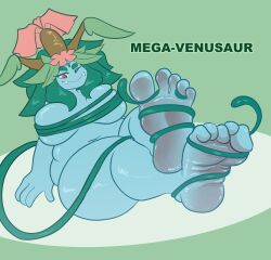 5_toes anthro barefoot breasts digital_media_(artwork) elemental_creature feet female fingers flora_fauna foot_focus fundacionpata generation_1_pokemon generation_6_pokemon hair hi_res humanoid_feet leaf mega_evolution mega_venusaur nintendo nude plant plantigrade pokemon pokemon_(species) red_eyes scalie simple_background soles solo text toes venusaur