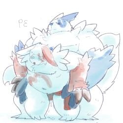 2025 anthro asian_clothing belly big_belly blue_body blue_nose blush bodily_fluids clothing cum duo east_asian_clothing fundoshi generation_3_pokemon genital_fluids hi_res japanese_clothing kemono male male/male moobs musclegut muscular natunokemono navel nintendo overweight overweight_male pokemon pokemon_(species) red_body red_clothing red_fundoshi red_underwear simple_background underwear white_body zangoose