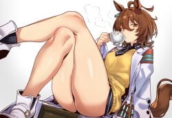1girls absurdres agnes_tachyon_(umamusume) animal_ears ass brown_eyes brown_hair crossed_legs cup drinking earrings ebora female female_only highres holding holding_cup horse_ears horse_girl horse_tail jewelry lab_coat medium_hair necktie simple_background single_earring sitting solo sugar_cube tail teacup thick_thighs thighs umamusume wolf_cut