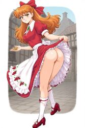 ai_generated elise_(little_goody_two_shoes) forest gold golden_eyes green_brooch little_goody_two_shoes prostitute prostitution red_dress red_hair red_ribbon red_shoes white_socks