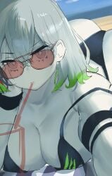 1girls absurd_res ass beach beach_background bikini black_bikini breasts closed_mouth diabellestarr_the_dark_witch diabellstar_the_black_witch duel_monster female fringe glasses green_hair hi_res high-angle_view konami looking_at_viewer lying lying_down multicolored_hair pale-skinned_female pale_skin passionpit777 red_hair short_hair silver_eyes silver_hair solo younger_female yu-gi-oh!
