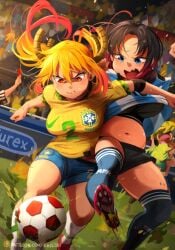 1other 3girls absurdres argentina arms_up ball baseball_cap black_hair black_shorts black_sports_bra blonde_hair blue_eyes blue_shirt blue_shorts blue_socks blush brazil breasts brown_footwear closed_mouth dragon_horns durex dutch_angle elbow_pads elma_(maidragon) feet_out_of_frame flashing foot_out_of_frame furrowed_brow gradient_hair grass green_hair hair_between_eyes hat highres horns khyleri kobayashi-san_chi_no_maidragon large_breasts long_hair looking_at_another lucoa_(maidragon) medium_hair midair midriff_peek motion_blur multicolored_hair multicolored_shirt multiple_girls navel nike_(company) open_mouth orange_eyes over-kneehighs parted_bangs pink_hair plump ponytail red_card red_footwear red_headwear referee shirt short_sleeves shorts sideboob sidelocks skindentation slit_pupils soccer_ball soccer_field soccer_uniform socks sports_bra sportswear straight_hair striped_clothes striped_shirt sweat thighhighs tohru_(maidragon) topless_female triple_horizontal_stripe tsurime two-tone_hair unworn_shirt wavy_hair wavy_mouth white_shirt white_socks yellow_shirt