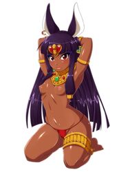 animal_ears anklet anubis armpits arms_up black_hair blush breasts dark_skin egyptian egyptian_clothes eyeshadow flat_chest gold_jewelry gold_necklace hair hands_behind_head headwear highres jackal_ears jackal_girl jewelry long_hair makeup medium_breasts necklace nipples original panties public_domain purple_hair queen_anubis red_eyes red_panties sexy_armpits simple_background small_breasts thick_thighs thighs toned tongue topless very_long_hair white_background yoohi