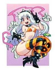 1girls bikini boots female female_only gerph gloves halloween light-skinned_female light_skin long_hair magic_wand orange_bikini red_eyes skarp_world solo spiked_boots striped_stockings witch witchly_(skarpworld)