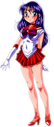 1990s 1999 20th_century bishoujo_senshi_sailor_moon blush choker eyeball_(artist) female female_only high_heels highres human purple_eyes purple_hair pussy rei_hino sailor_mars see-through skirt smile solo straight_hair uncensored