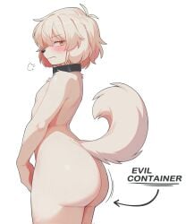 2025 ai_assisted ai_generated anthro arrow_pointing_to_butt ass big_butt biped black_collar black_nose black_text blush blush_lines breath bubble_butt canid canine canis collar collar_only crazysnuft directional_arrow domestic_dog english_text evil_container femboy fur furry furry_femboy furry_male hair hi_res looking_back male male_anthro mammal mike_(crazysnuft) mouth_closed nude pupils side simple_background solo standing tail text thick_thighs view white_background white_body yellow_eyes