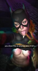 1girls 3d batgirl batgirl_(barbara_gordon) breasts daz_studio english_text female female_only open_mouth selfie shirt_lift solo tongue_out zeroz19