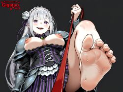 ai_generated armor armored_female barefoot breasts breasts_out dominant dominant_female emilia_(re:zero) feet foot_fetish foot_focus gigatsu leash looking_down nipples pov re:zero_kara_hajimeru_isekai_seikatsu simple_background sole_female soles toes