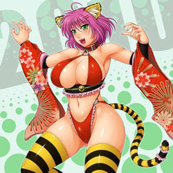 2010 ahoge ameoto animal_ears bikini blush breasts cleavage clothes cute_fang green_eyes hair large_breasts navel open_mouth purple_hair shiny smile swimsuit tail thighhighs tiger_ears tiger_girl tiger_tail