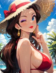2025 ai_generated beach_background deviantart donkey_kong_(series) hand_posing looking_at_viewer nintendo pauline_(mario) red_bikini red_lipstick super_mario_bros. thaliesai wet_body winking_at_viewer