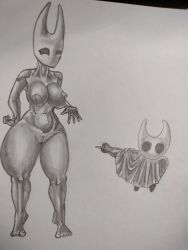 1girls areolae barefoot breasts completely_nude completely_nude_female female full_body hollow_knight hornet_(hollow_knight) humor meme naked naked_female nipples nude nude_female pointing pointing_at_another protagonist_(hollow_knight) pussy toarish traditional_media_(artwork)