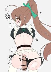 1boy ahoge alternate_costume apron ass bar_censor black_panties black_shirt black_streaks blush bow brown_eyes brown_hair censored clothing_cutout commentary english_commentary female frilled_apron frills from_behind glasses green_bow grey_background hair_ornament hairbow hairclip heart heart_cutout highres hololive hololive_english long_hair looking_at_viewer looking_back magui3 multicolored_hair nanashi_mumei panties penis penis_in_panties ponytail puffy_short_sleeves puffy_sleeves shirt short_hair short_sleeves side-tie_panties simple_background solo_focus straight streaked_hair thighhighs underwear very_long_hair virtual_youtuber white_apron white_streaks white_thighhighs