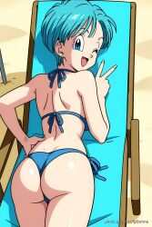 :d ai_generated ass_shot beach beach_chair bikini blue_side-tie_bikini bulma_briefs cowboy_shot dragon_ball_super hand_on_hip looking_at_viewer on_back on_stomach peace_sign pinku.ai rear_view sexy wink