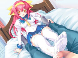 bed blush censored cum feet female footjob footjob_with_legwear game_cg hair_ribbon hairband kamina_sana male miniskirt mosaic_censoring mutsumi_masato necktie orange_eyes panchira panchira_(sitting) panties pantyshot pantyshot_sitting penis pink_hair ribbon school_uniform seifuku serafuku shimaima. sitting skirt thighhighs toes underwear white_legwear white_panties white_thighhighs yuuki_sarutobi_asuma