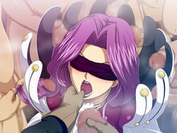 1girls blindfold blush censored code_geass cornelia_li_britannia dark-skinned_male dark_penis dark_skin female finger_in_mouth fingers_in_mouth from_above group_sex hairjob interracial lipstick male masturbation open_mouth penis purple_hair raburebo sex