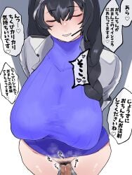 1boy 1girls blush bottomless breasts closed_eyes female goddess_of_victory:_nikke ikachimenko9967 labcoat large_breasts mary_(nikke) no_panties penis penis_in_pussy pubic_hair pussy sex standing_missionary standing_sex translation_request turtleneck white_labcoat