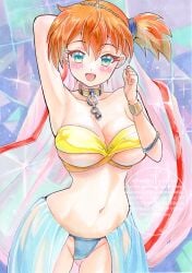 1girl arabian_clothes arm_behind_head armpits asymmetrical_hair bandeau bikini blue_bikini blue_swimsuit blush bracelet breasts chain circlet cleavage collar cosplay crown dancer eyelashes gold_choker green_eyes groin hair_between_eyes hand_up harem_outfit harem_pants highres jewelry kasumi_(pokemon) large_breasts looking_at_viewer misty_(pokemon) navel nintendo open_mouth orange_hair pants pokemon pokemon_(anime) pokemon_(classic_anime) ponytail portrait short_hair side_ponytail smile solo sparkle swimsuit tiara underboob yellow_bikini yellow_swimsuit