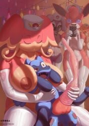 absurd_res anonymous_artist anthro audino between_breasts big_breasts big_penis blissey blue_eyes bodily_fluids breasts closed_eyes clothing condom condom_decoration cum detailed dominant dominant_female ejaculation electrode electronics electrostimulation female filled_condom generation_1_pokemon generation_2_pokemon generation_4_pokemon generation_5_pokemon generation_8_pokemon genital_fluids genitals gloves group handwear hat headgear headwear hi_res humanoid indeedee intersex larger_female latex latex_clothing latex_gloves latex_handwear legwear male male/female maleherm nintendo nipples nude nurse_clothing nurse_hat nurse_headwear on_lap open_mouth penis phone pokemon pokemon_(species) restrained riolu sexual_barrier_device sitting_on_lap size_difference smaller_male smile stockings text thick_thighs wigglytuff