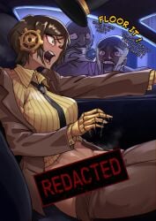 2boys abs bald black_necktie breasts brown_armor brown_eyes brown_hair brown_jacket camera car car_interior censored collared_shirt dark-skinned_female dark_skin female from_side gear_hair_ornament gears hat highres holding holding_camera implied_masturbation jacket limbus_company long_sleeves male motor_vehicle multiple_boys multiple_males necktie open_mouth outis_(limbus_company) outis_(project_moon) pinstripe_pattern pinstripe_shirt project_moon public_indecency pussy pussy_juice repost shirt short_hair sitting t_corp._(identity)_(project_moon) teeth tongue top_hat tresmarrow yellow_eyes