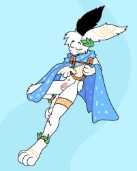 anklet anthro balls cheek_tuft closed_eyes facial_tuft flaccid fur genitals hair harp hi_res humanoid_genitalia humanoid_penis jewelry lagomorph legband leporid male mammal musical_instrument penis plucked_string_instrument rabbit scarf simple_background smile solo string_instrument tuft white_background white_body white_fur white_hair xing1