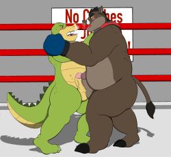 2025 alligator alligatorid anthro balls blush bodily_fluids brok_(brok_the_investigator) brok_the_investigator brown_body clint_(brok_the_investigator) cowcat_games crocodilian duo erection fighting_ring genital_fluids genitals green_body hi_res male male/male mammal overweight overweight_male penis precum reptile saliva saliva_string scalie suid suine venticuriosity warthog