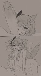 1boy absurdres animal_ears breasts ear_ribbon female greyscale heart heart-shaped_pupils highres horse_ears horse_girl horse_tail huge_cock long_hair mayano_top_gun_(umamusume) monochrome multiple_views nude oniyanna penis sex small_breasts symbol-shaped_pupils tail tail_raised two_side_up umamusume vaginal_penetration