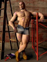2004 3d archived_source bara boots construction_worker dated gay male male_only muscular nipples original paint_stains shorts stain tagme ulf_raynor yaoi