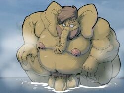 4:3 anothermeekone appledectomy belly bodily_fluids elephant elephantid facial_hair hi_res macro mammal micro moustache musclegut muscular musk nipples obese overweight proboscidean smug sweat