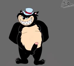 2025 acecraft alexand38935842 anthro balls black_body blue_eyes clothing domestic_cat erection felid feline felis genitals hat headgear headwear hi_res male mammal overweight overweight_male penis simple_background smile solo standing