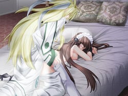 1boy 1girls artist_request ass bed bed_sheet blonde_hair blush breasts brown_eyes brown_hair clothing dubious_consent eins_(ijiwaru_my_master) game_cg green_eyes horns ijiwaru_my_master long_hair maid maid_headdress nipples one_eye_closed pillow sakurajousui_kurumi sex stockings straight tears white_skin