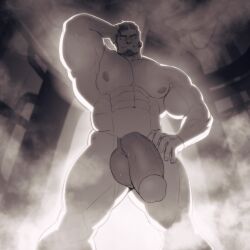 1boy abs absurdres bara biceps completely_nude cowboy_shot facial_hair from_below glowing glowing_eyes goatee grin groin half-closed_eye highres huge_cock huge_pectorals large_testicles looking_down male_focus mature_male muscular muscular_male nipples nu_nudo_do nude nudo_(nu_nudo_do) original penis sepia sideburns smile solo sweat testicles thick_arms thick_eyebrows v-taper veins veiny_arms wrinkled_skin