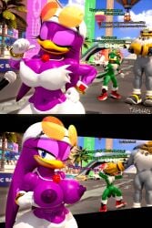 1girls 2boys 3d 3d_(artwork) anthro areolae ass avian background_characters bandana big_ass big_breasts blue_eyes boots breast_focus breasts breasts_out busty cleavage clothing covered_eyes crop_top dialogue embarrassed female female_focus flashing flashing_breasts furry furry_only gloves height_difference huge_breasts interview jet_the_hawk large_breasts looking_at_viewer looking_away male microphone muscular muscular_male nipples outdoors pants png race_track shoes showing_off showing_off_breasts smile smug sonic_(series) sonic_racing_crossworlds sonic_the_hedgehog storm_the_albatross sunglasses sunglasses_on_head tahlian text thick_thighs wave_the_swallow wide_hips wink winking_at_viewer