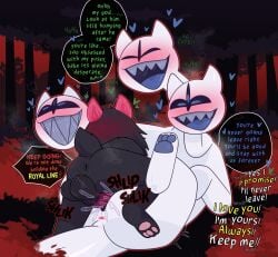 3_eyes 3_heads anus balls black_body black_fur blue_tongue blush blush_lines bodily_fluids clover_(deltarune) crushpepper deltarune english_text fur genitals hi_res horn lying male male_on_top multi_eye multi_head on_back on_top ralsei rear_view saliva sharp_teeth speech_bubble tagme teeth text tongue undertale_(series) vaginal_penetration white_body