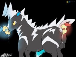 absurd_res balthysstuff black_background bodily_fluids cum cum_drip cum_in_ass cum_in_mouth cum_inside dripping electricity equid equine fellatio generation_3_pokemon generation_5_pokemon genital_fluids group group_sex hi_res male male/male minun nintendo oral penile plusle pokemon pokemon_(species) rodent sex simple_background size_difference spitroast surprised_eyes surprised_face surprised_look threesome zebstrika